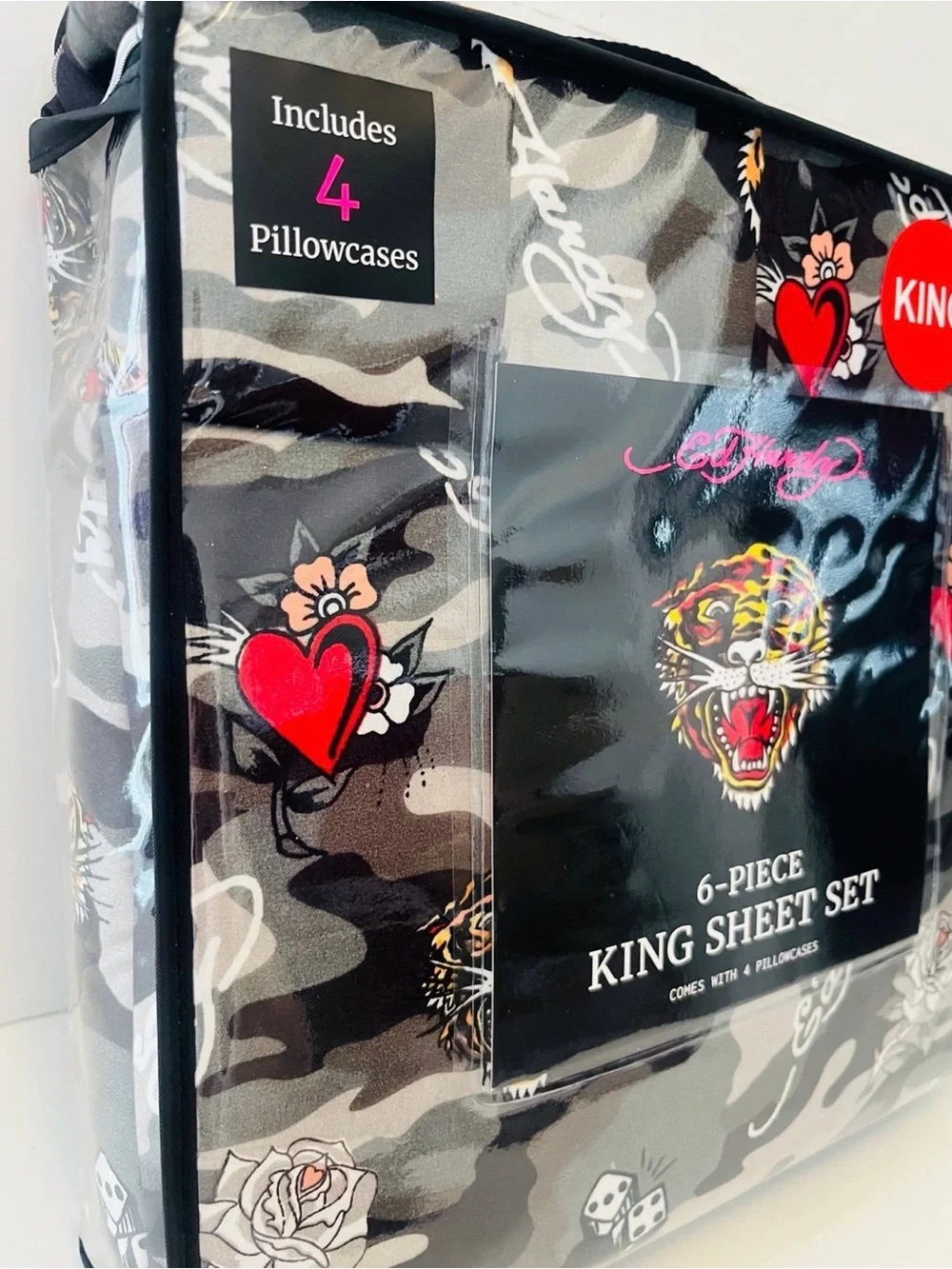 Ed Hardy Black Camo 6 Piece King Size Sheet Set Tigers Dice Hearts Roses